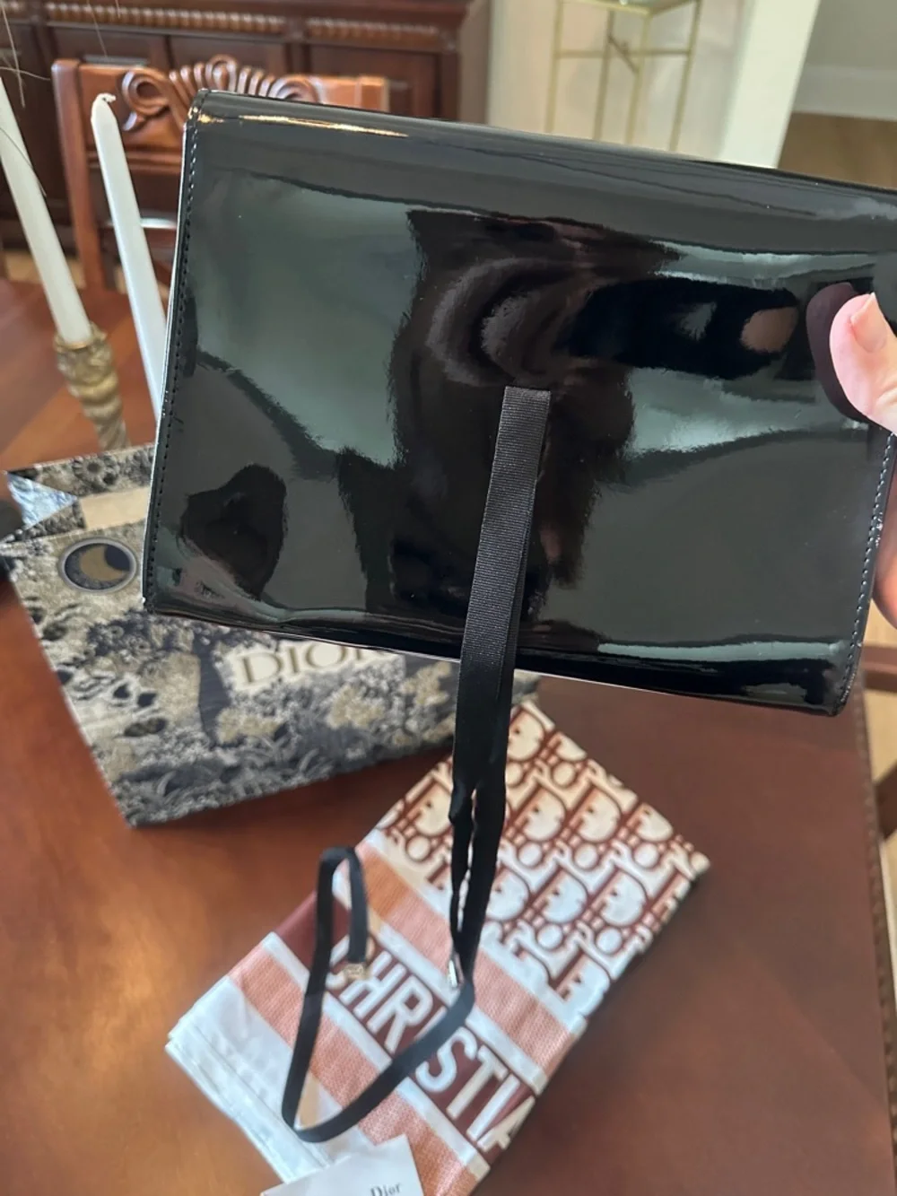 Dior White and Brown Monogram Silk Scarf with Black Patent Clutch - Picture 3 of 5